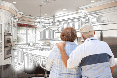 man and woman look at a kitchen remodel drawing